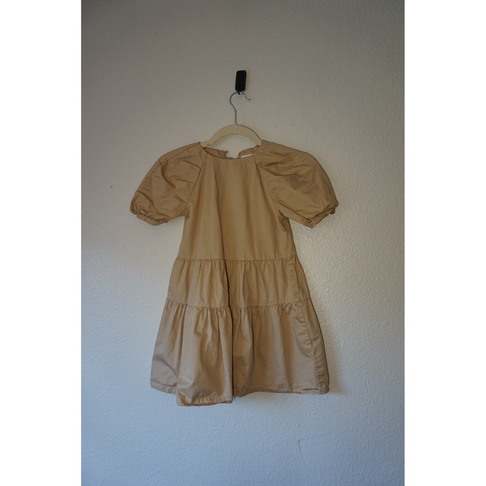 Zara Tiered Puff Sleeve Babydoll Dress Neutral Tan Boho Kids Size 6